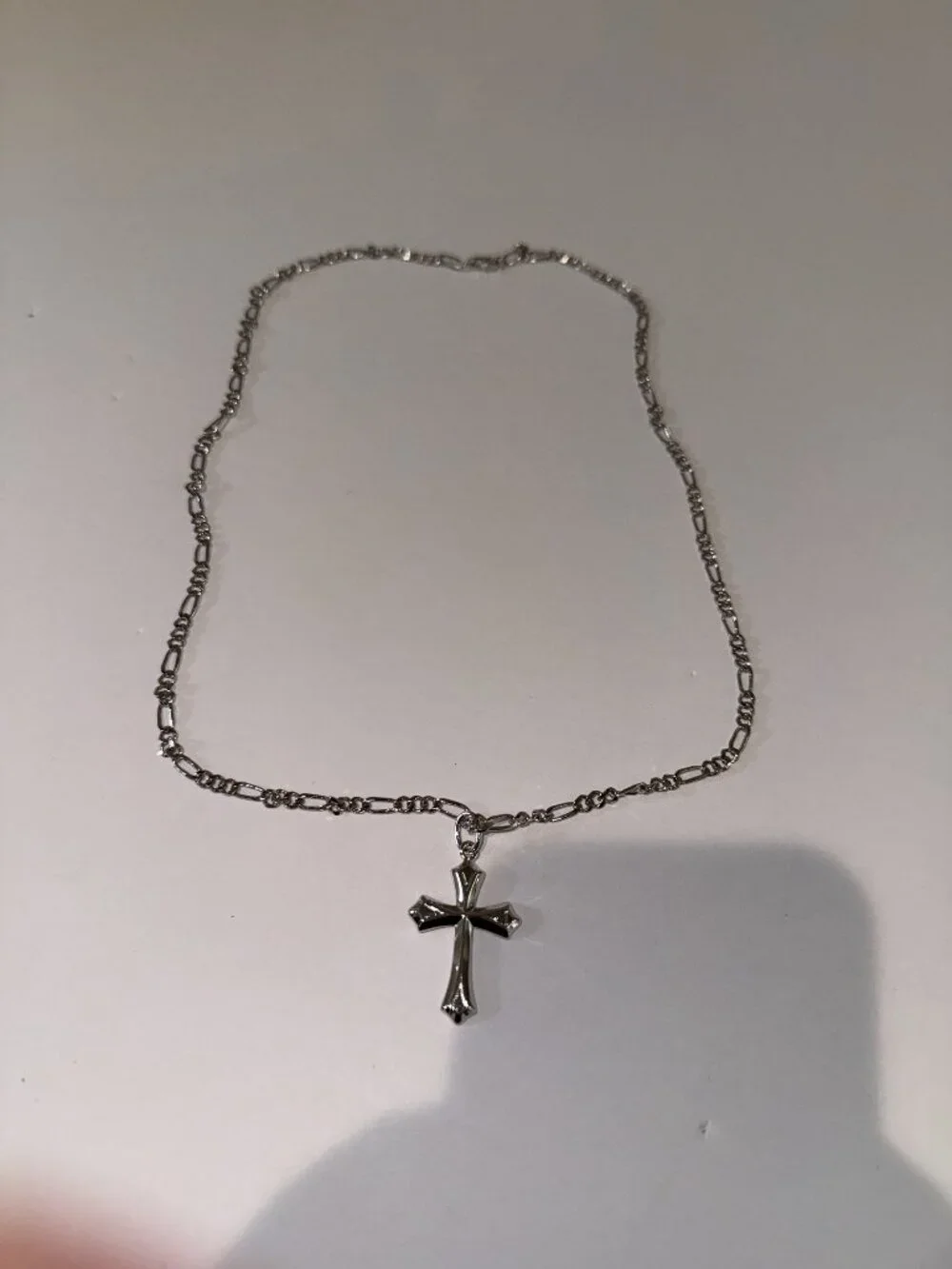 Silver Tone Gothic Cross Pendant Necklace on Figaro Chain Men's Unisex